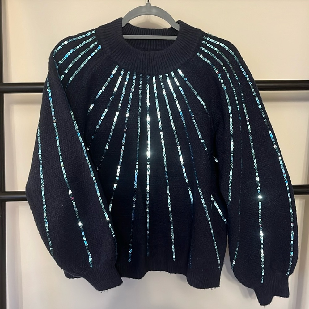 FRNCH blue hip length sweater + sequins detail with puff sleeve